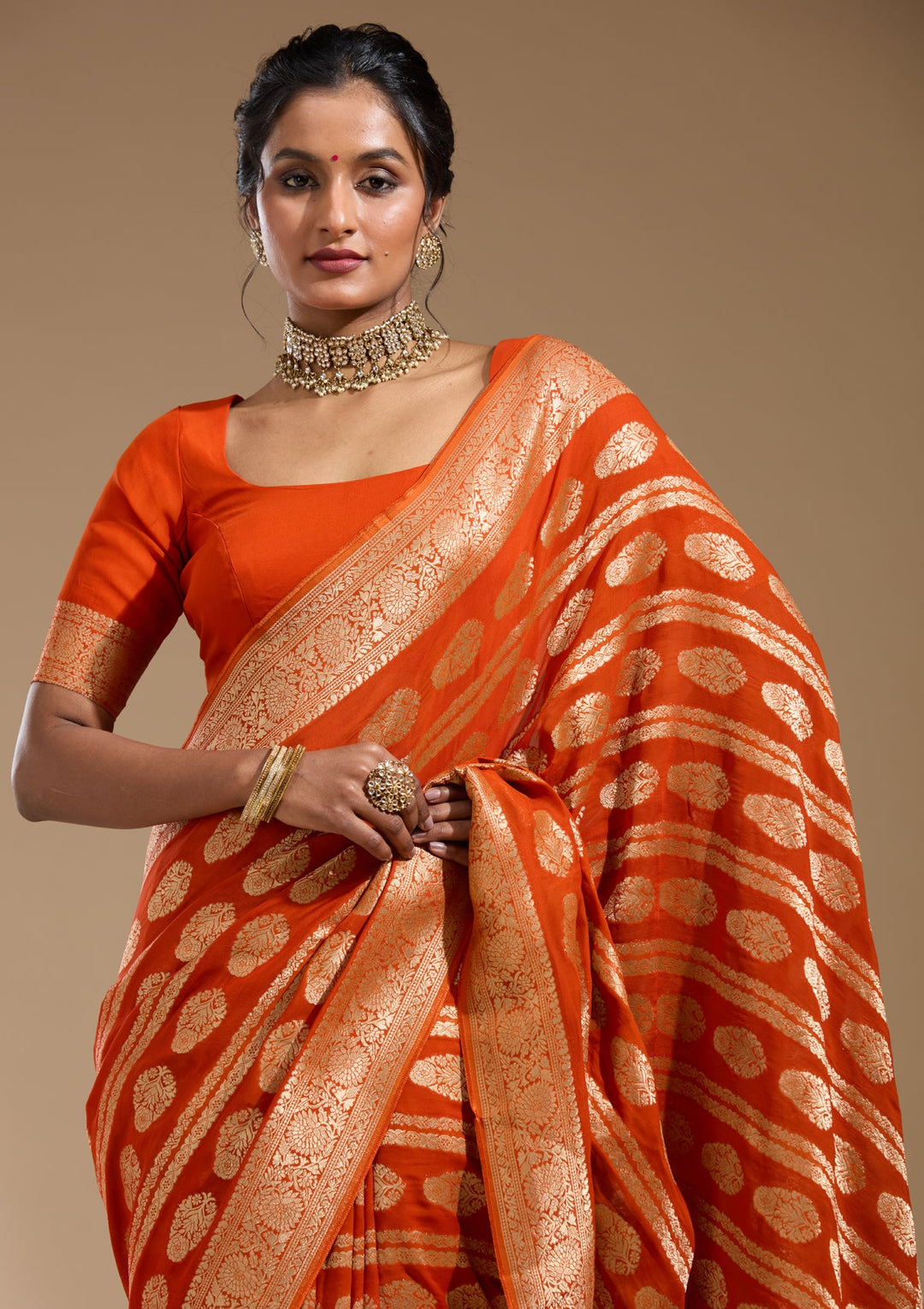 Orange Zariwork (Gold) Georgette Silk Saree