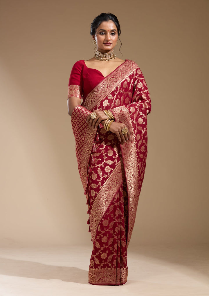 Maroon Zariwork (Gold) Georgette Silk Saree
