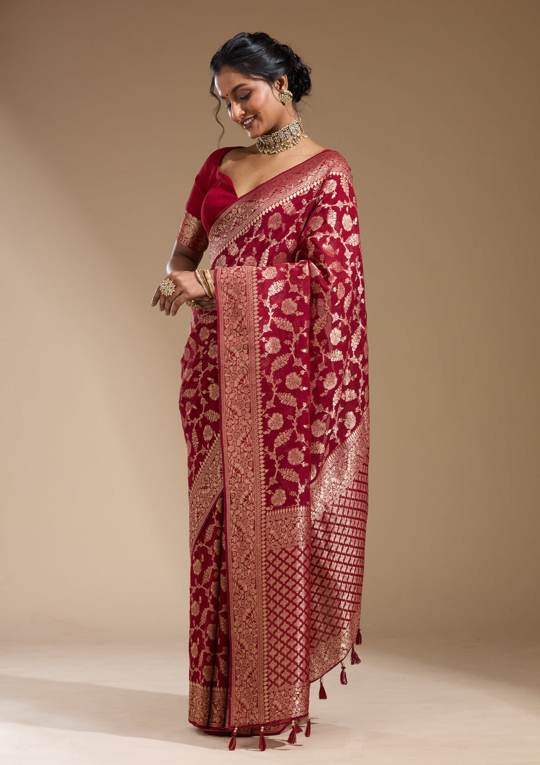 Maroon Zariwork (Gold) Georgette Silk Saree