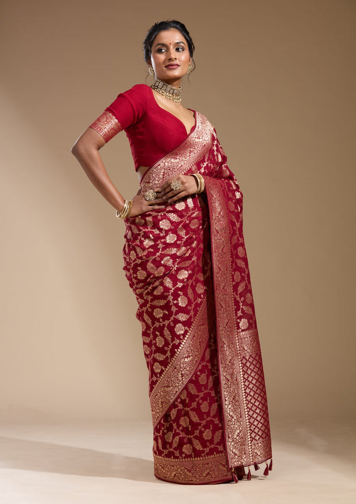 Maroon Zariwork (Gold) Georgette Silk Saree