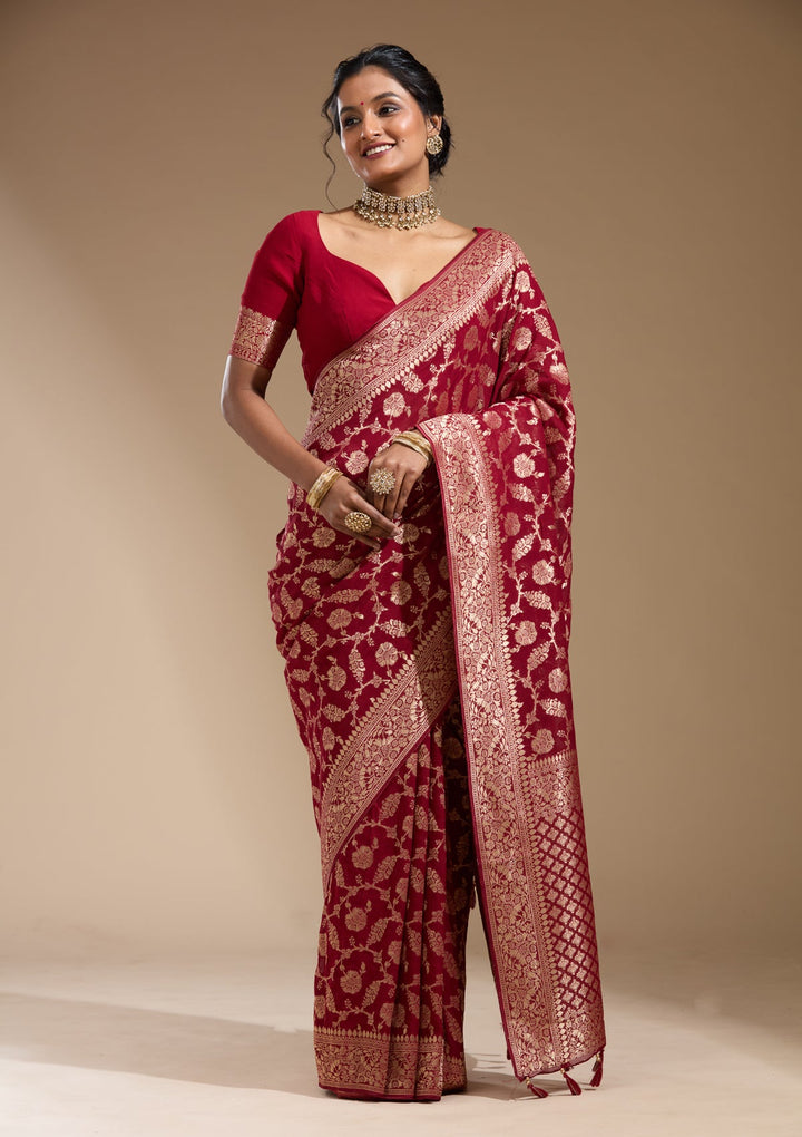Maroon Zariwork (Gold) Georgette Silk Saree