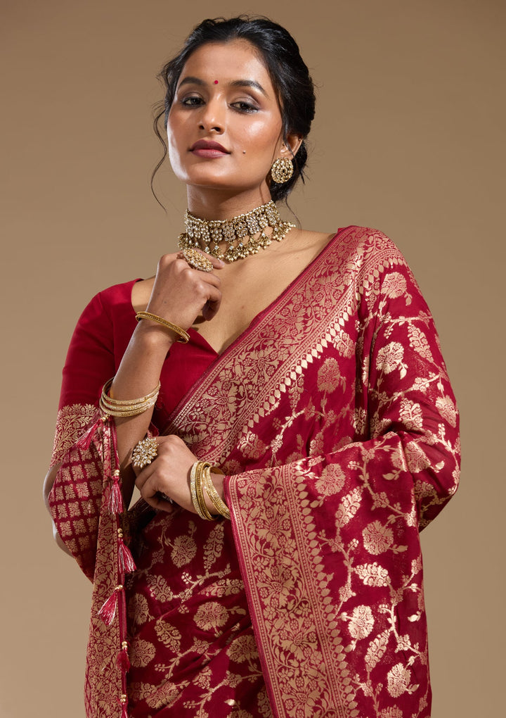 Maroon Zariwork (Gold) Georgette Silk Saree