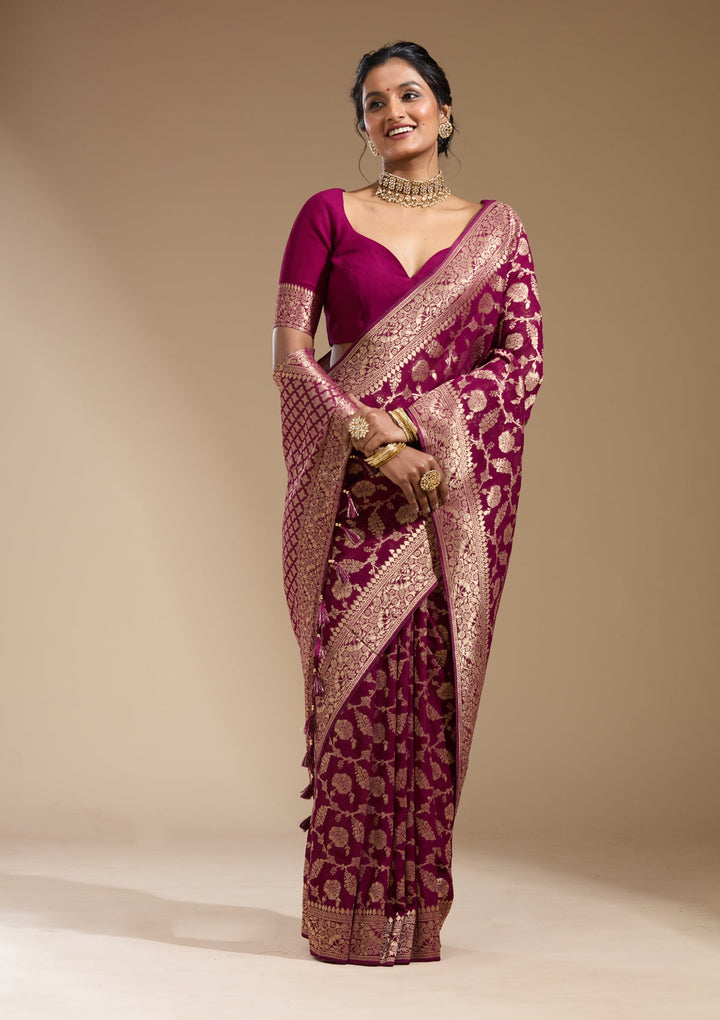 Wine Zariwork (Gold) Georgette Silk Saree