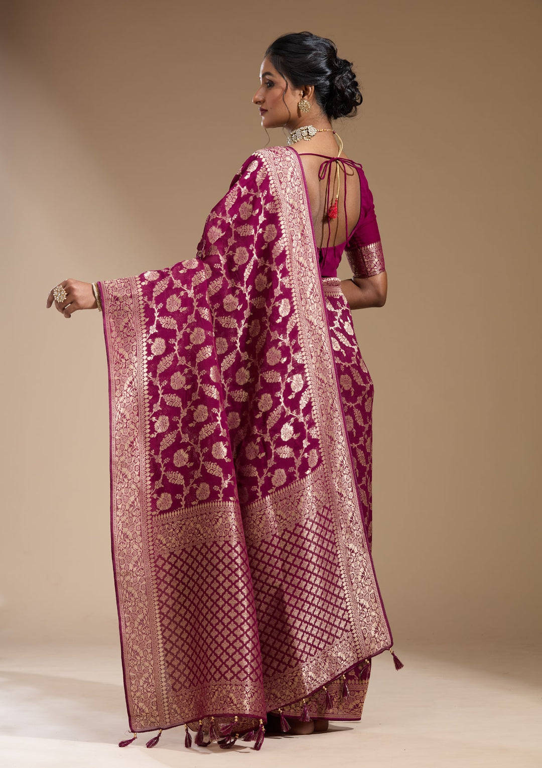 Wine Zariwork (Gold) Georgette Silk Saree