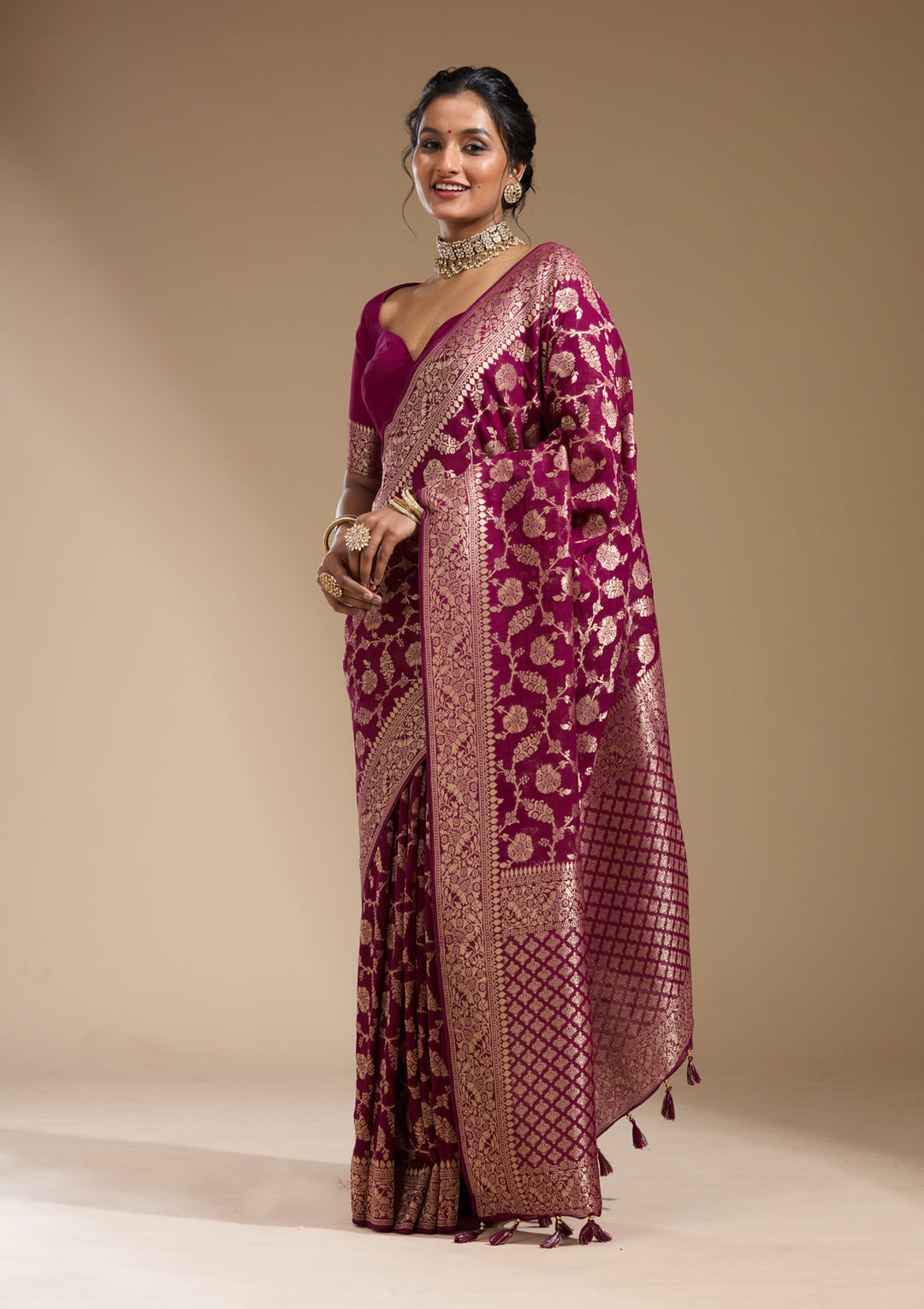 Wine Zariwork (Gold) Georgette Silk Saree