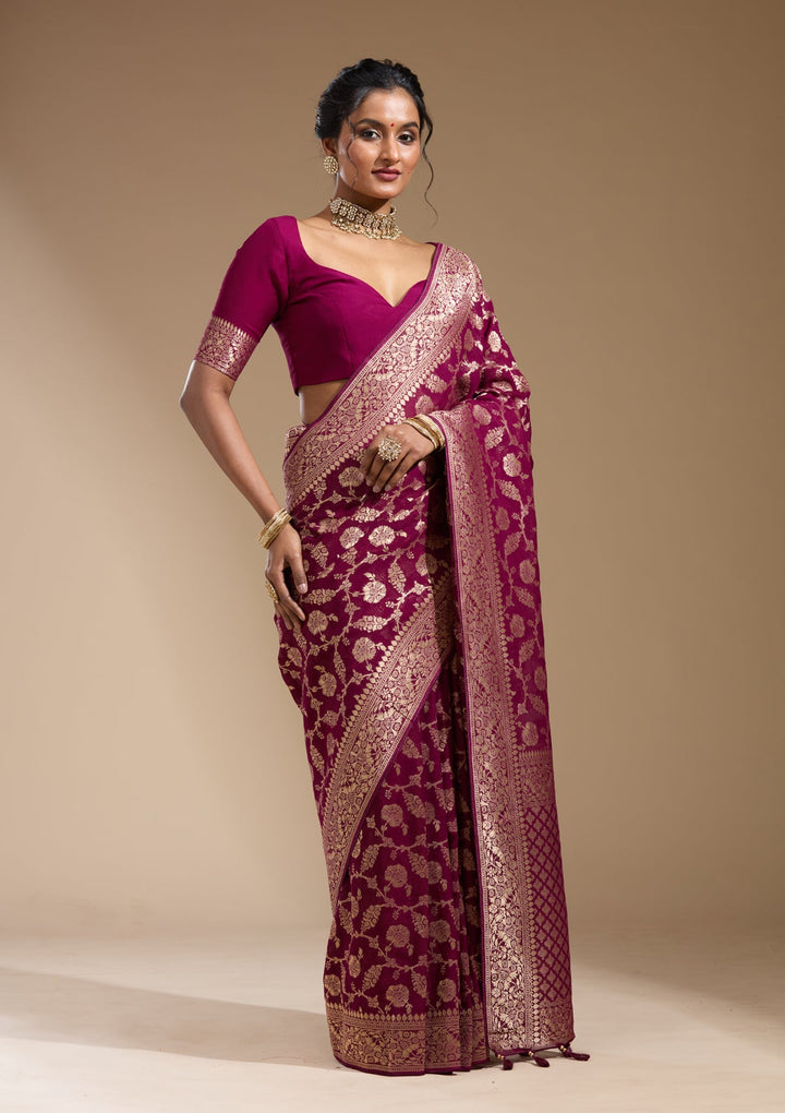 Wine Zariwork (Gold) Georgette Silk Saree