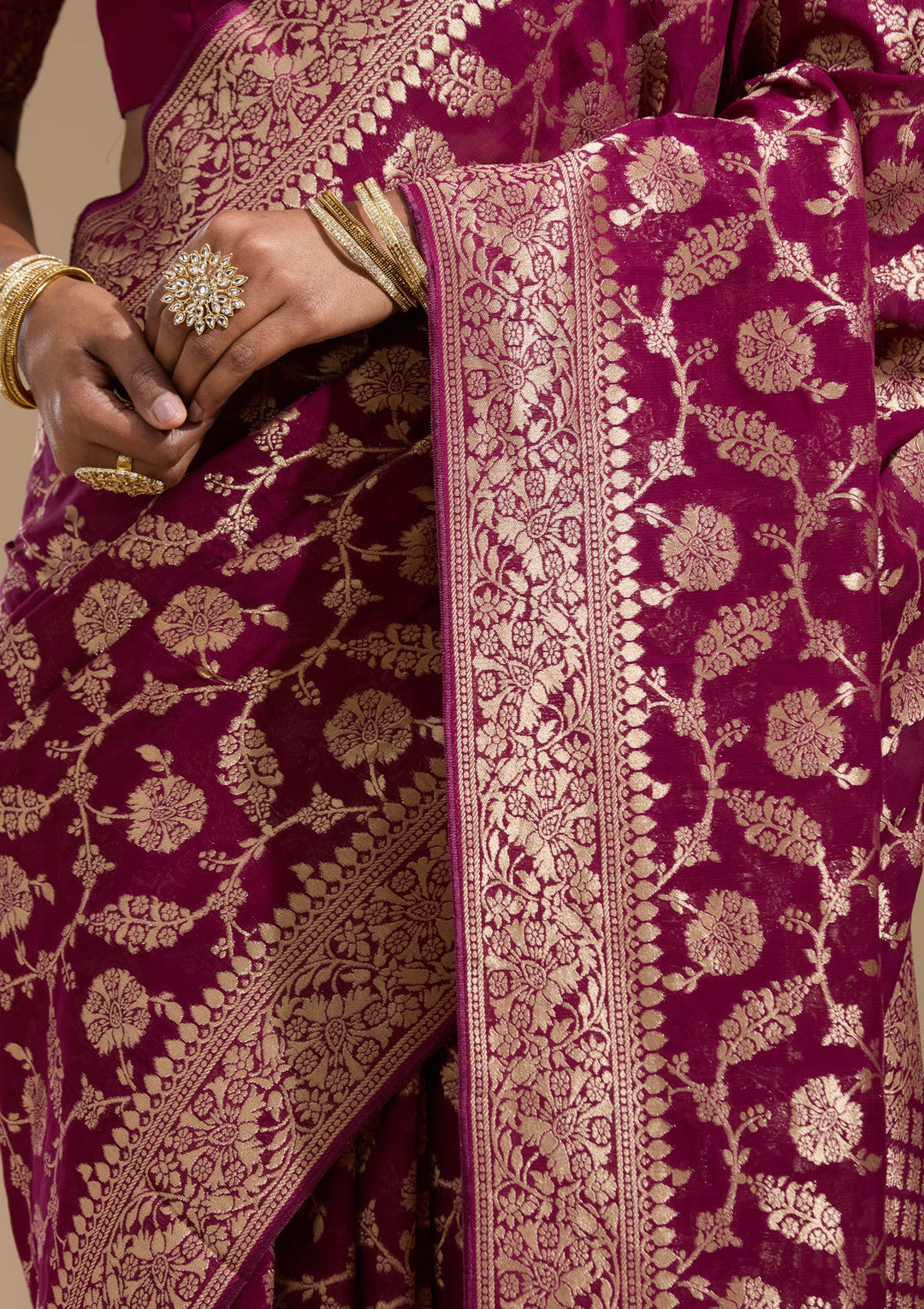 Wine Zariwork (Gold) Georgette Silk Saree