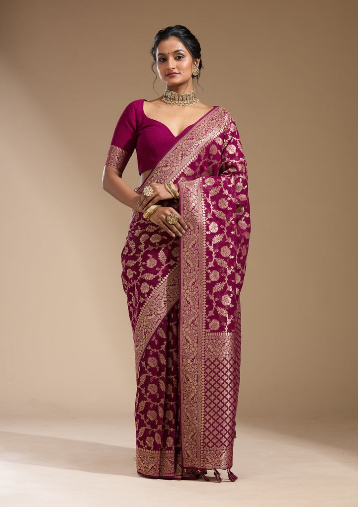 Wine Zariwork (Gold) Georgette Silk Saree