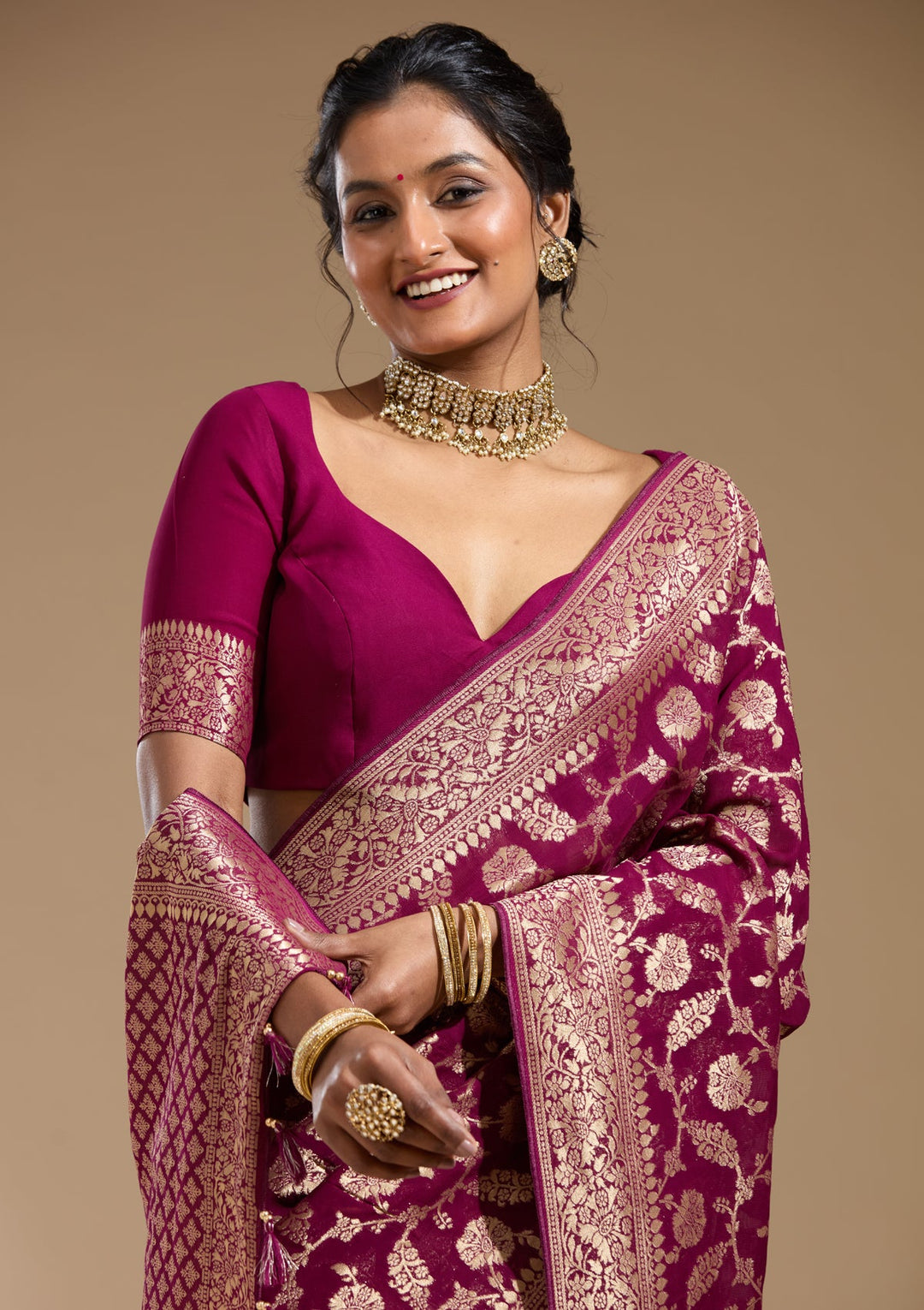 Wine Zariwork (Gold) Georgette Silk Saree