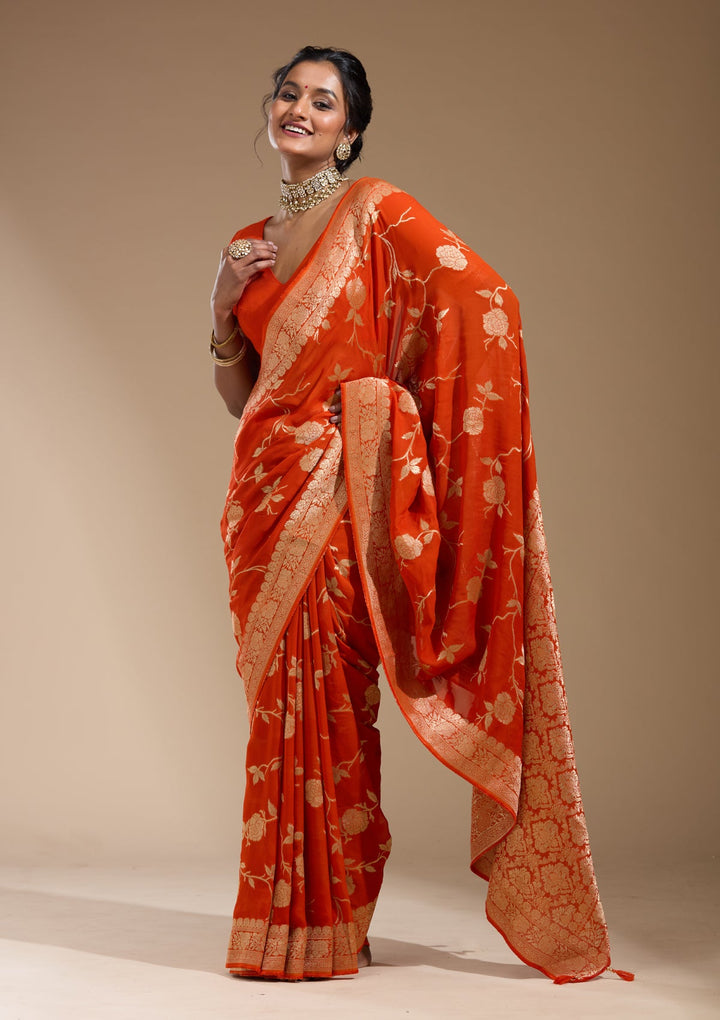 Orange Zariwork (Gold) Satin Silk Saree