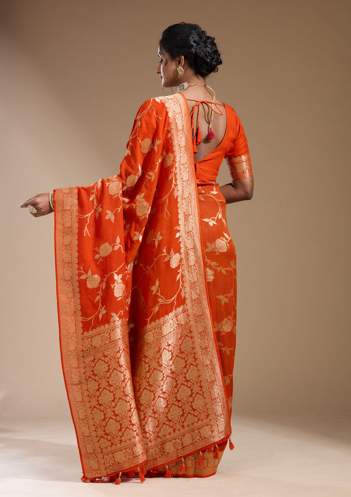 Orange Zariwork (Gold) Satin Silk Saree