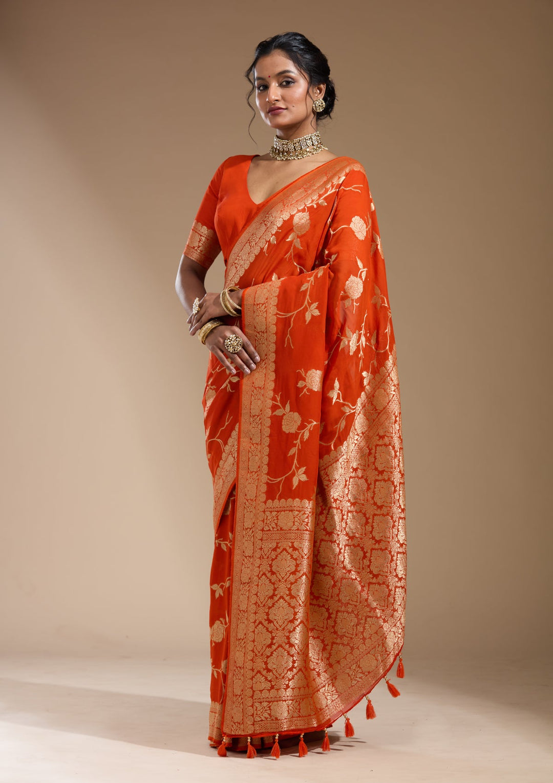 Orange Zariwork (Gold) Satin Silk Saree