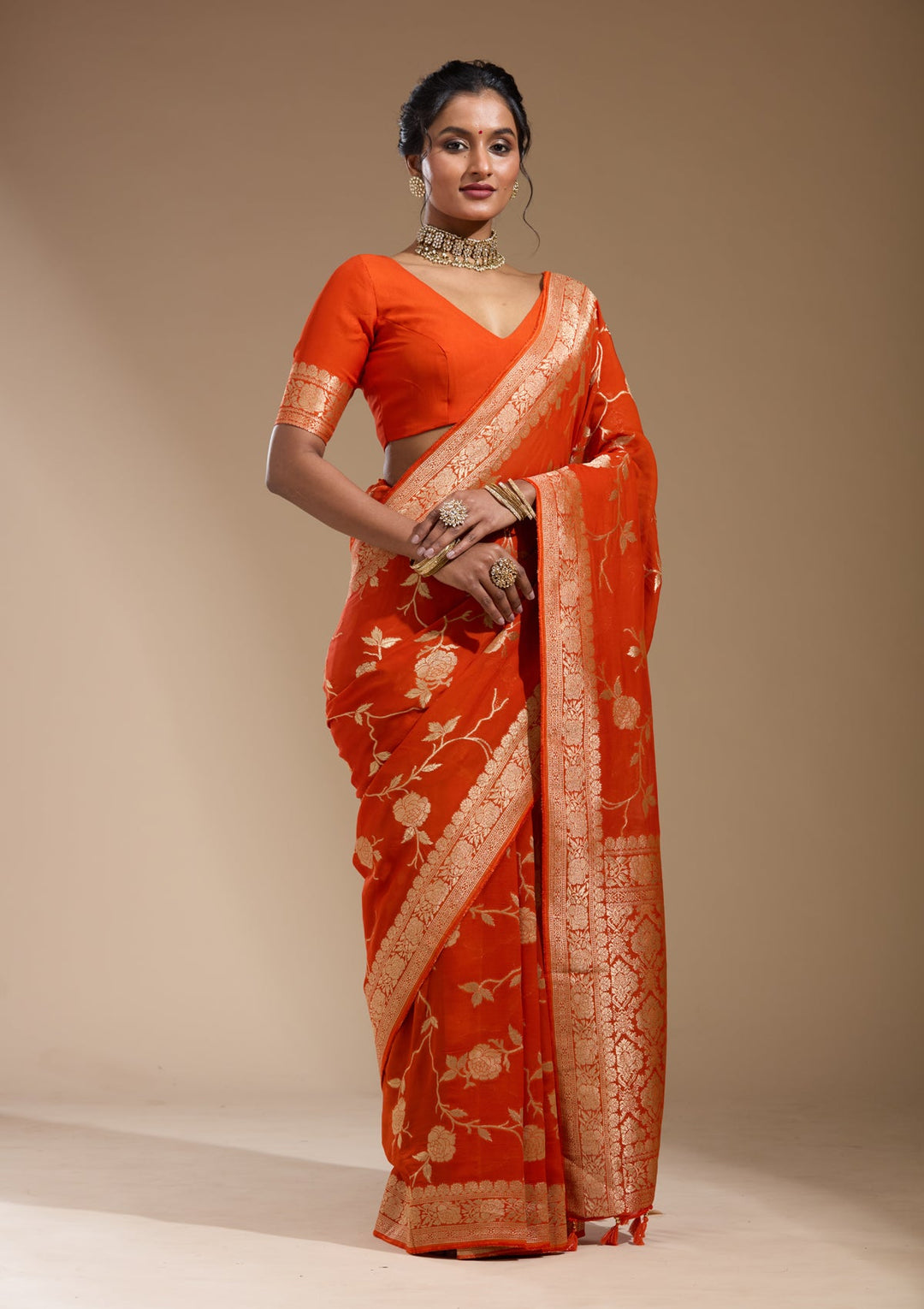 Orange Zariwork (Gold) Satin Silk Saree