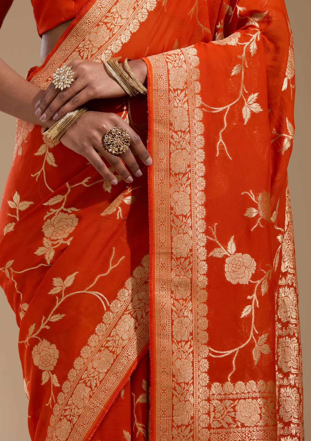 Orange Zariwork (Gold) Satin Silk Saree