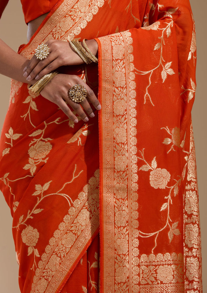 Orange Zariwork (Gold) Satin Silk Saree