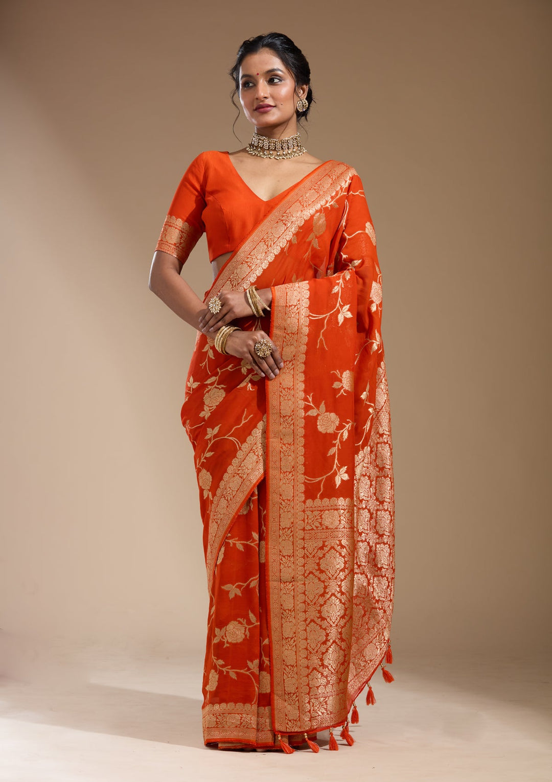 Orange Zariwork (Gold) Satin Silk Saree