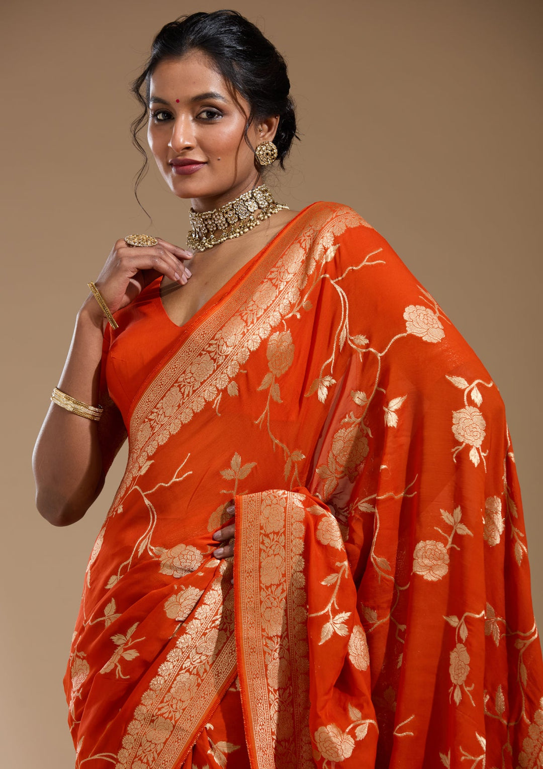 Orange Zariwork (Gold) Satin Silk Saree