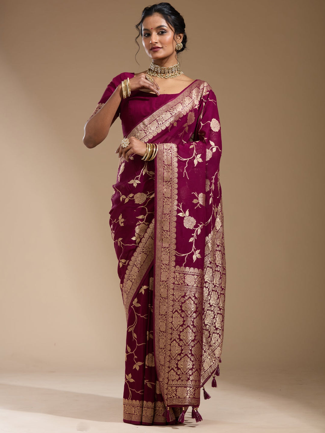 Wine Zariwork (Gold) Satin Silk Saree