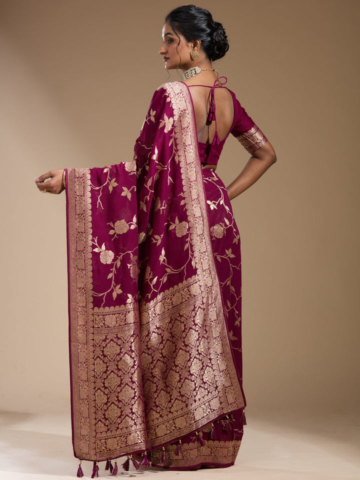 Wine Zariwork (Gold) Satin Silk Saree