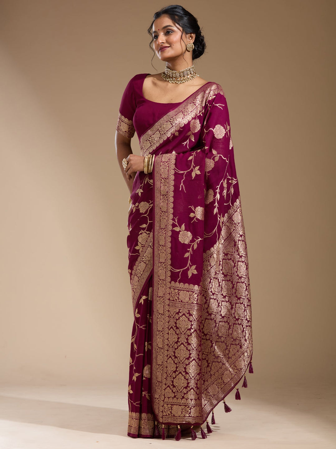 Wine Zariwork (Gold) Satin Silk Saree