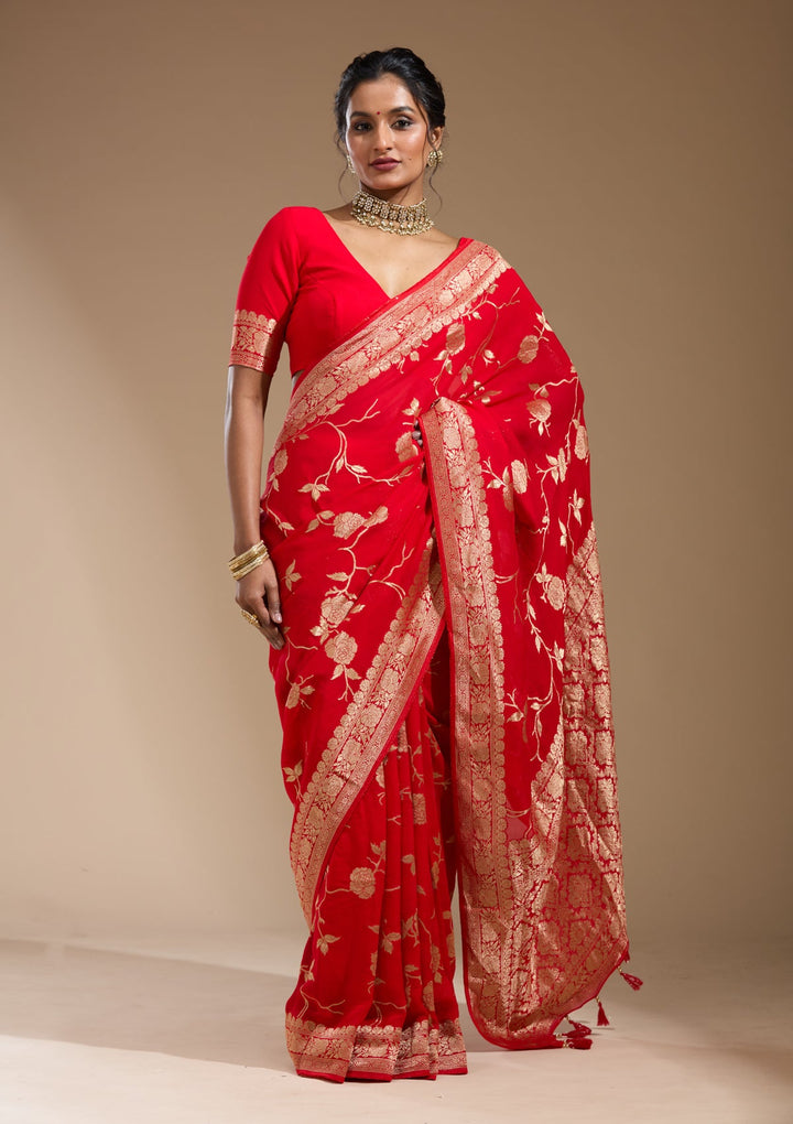 Red Zariwork (Gold) Satin Silk Saree