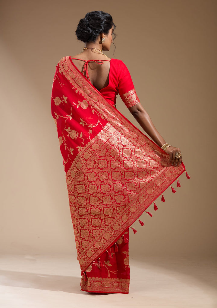 Red Zariwork (Gold) Satin Silk Saree