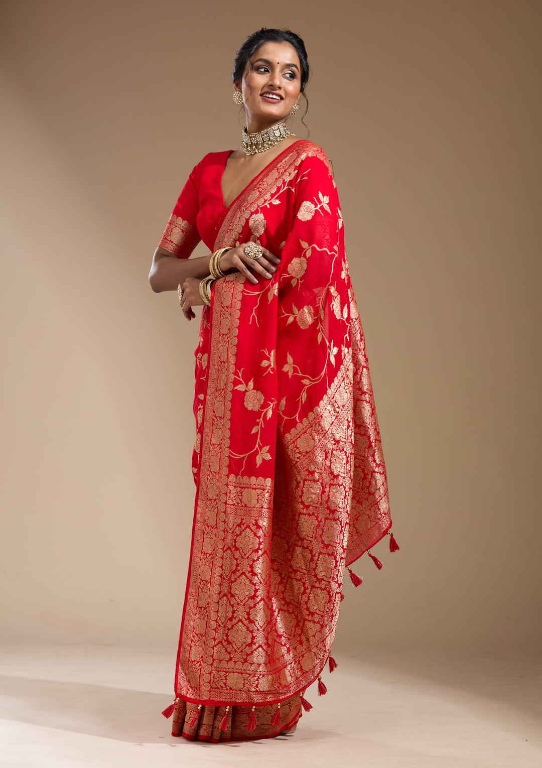 Red Zariwork (Gold) Satin Silk Saree
