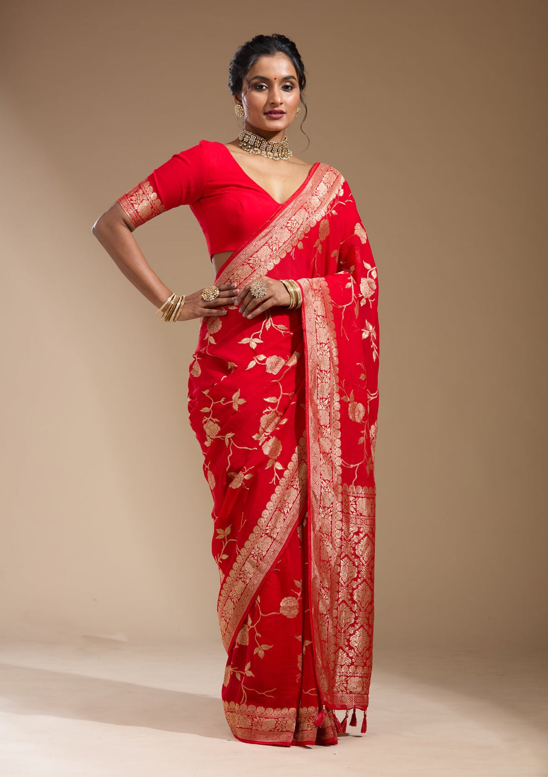 Red Zariwork (Gold) Satin Silk Saree