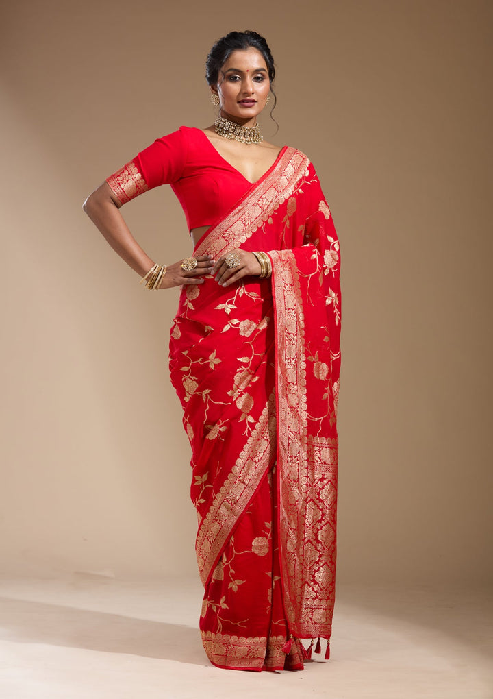 Red Zariwork (Gold) Satin Silk Saree