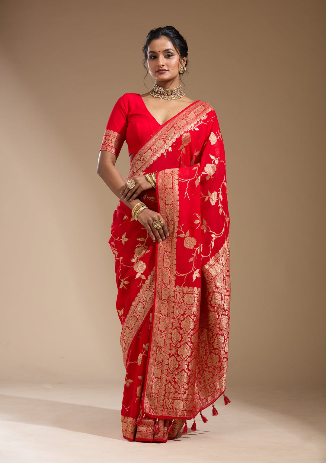Red Zariwork (Gold) Satin Silk Saree