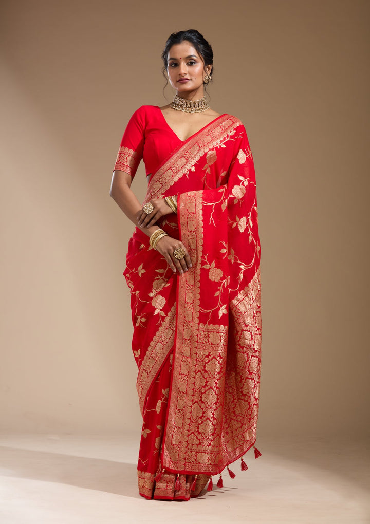 Red Zariwork (Gold) Satin Silk Saree