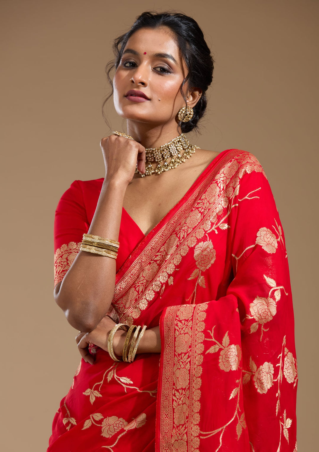 Red Zariwork (Gold) Satin Silk Saree