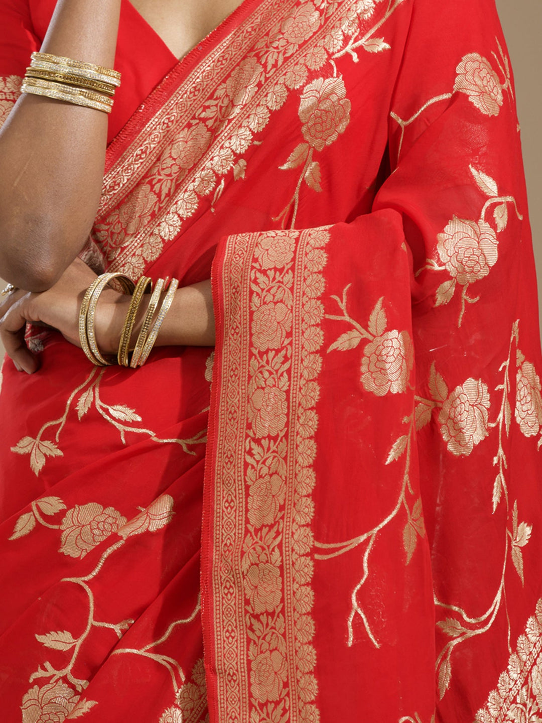 Red Zariwork (Gold) Satin Silk Saree
