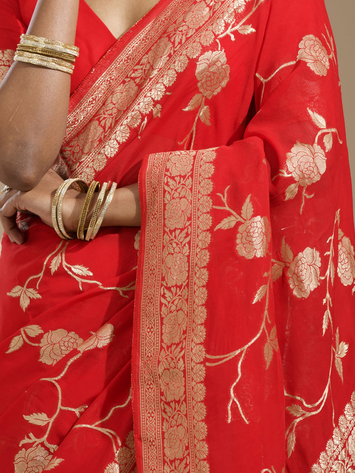 Red Zariwork (Gold) Satin Silk Saree