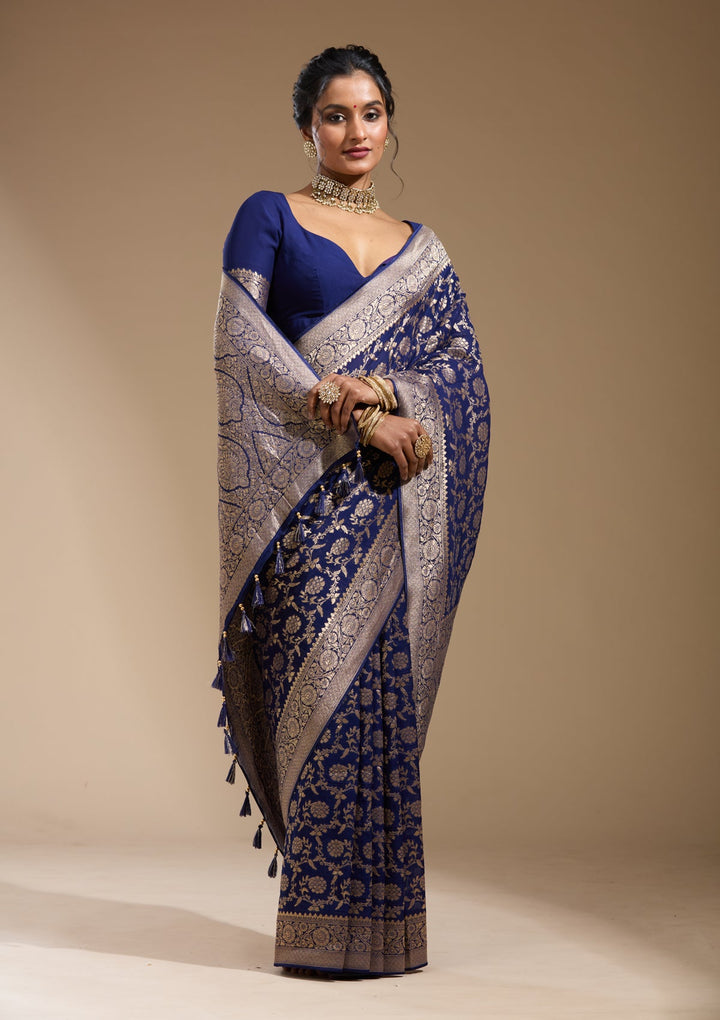 Blue Zariwork (Gold) Georgette Silk Saree