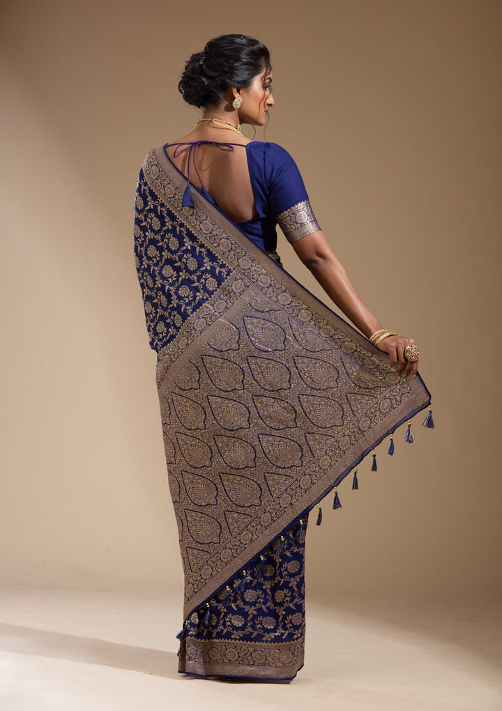 Blue Zariwork (Gold) Georgette Silk Saree