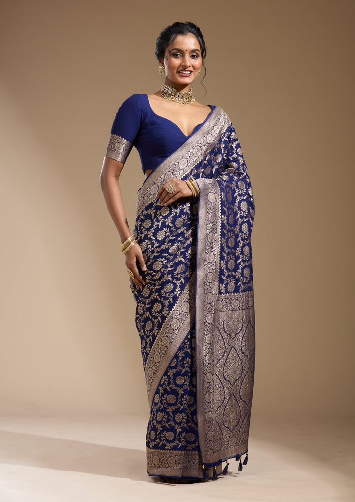 Blue Zariwork (Gold) Georgette Silk Saree