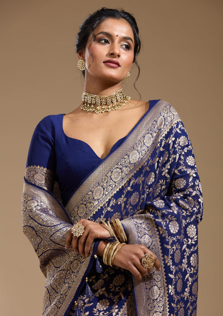 Blue Zariwork (Gold) Georgette Silk Saree