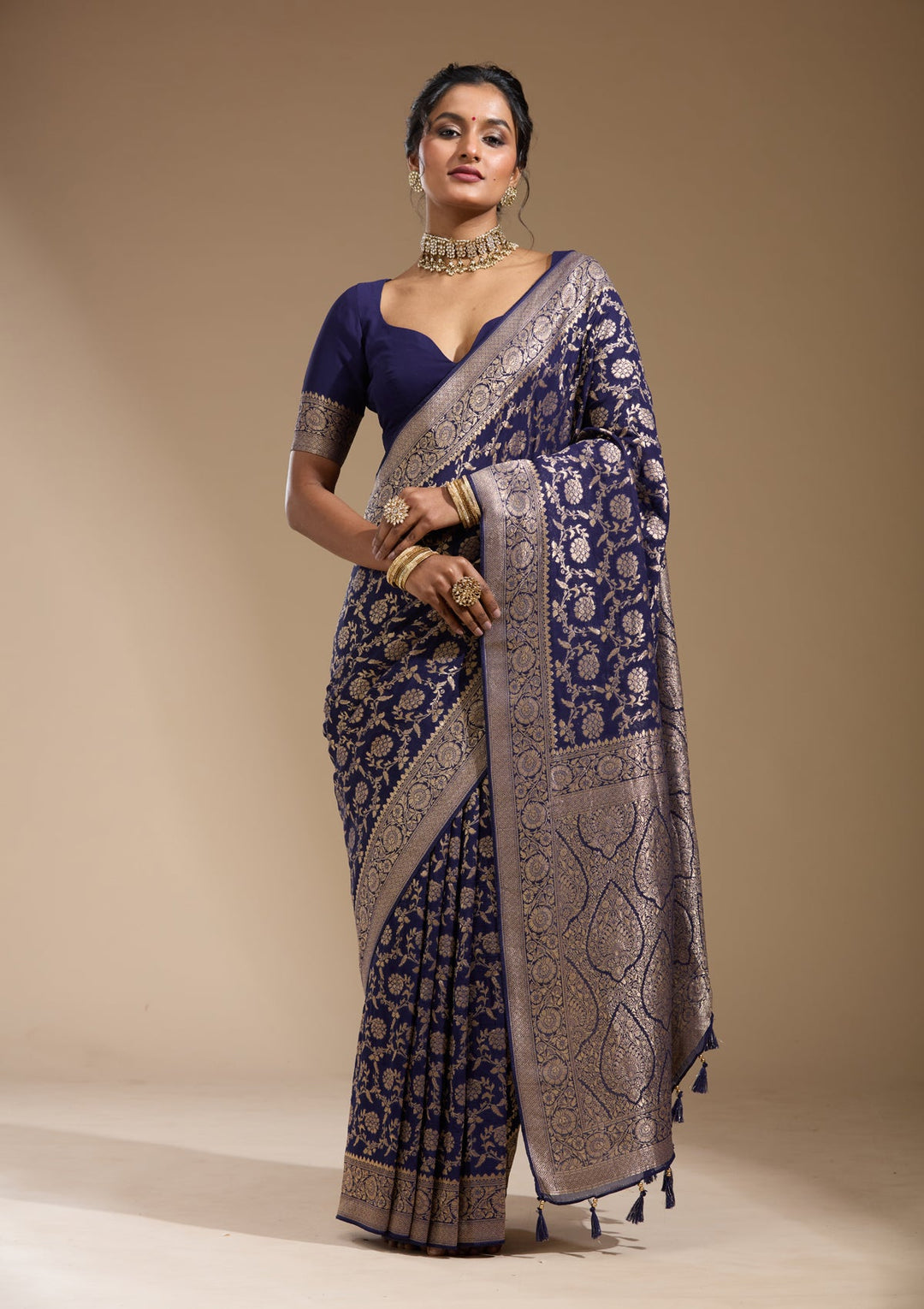 Navy Blue Zariwork (Gold) Georgette Silk Saree
