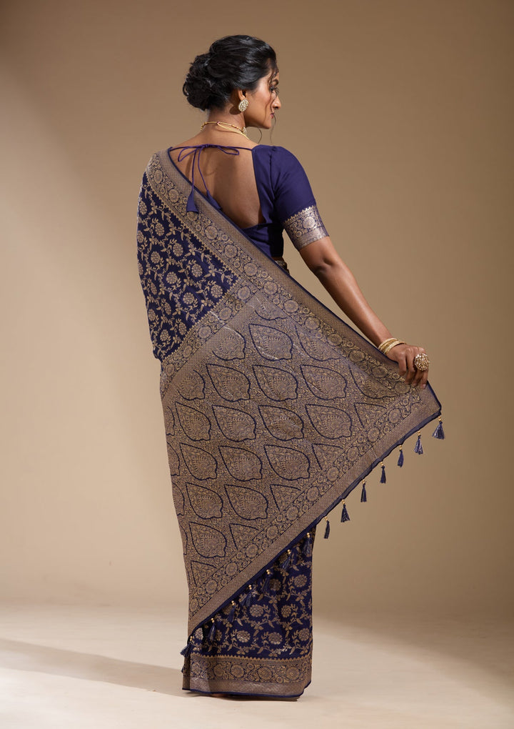 Navy Blue Zariwork (Gold) Georgette Silk Saree