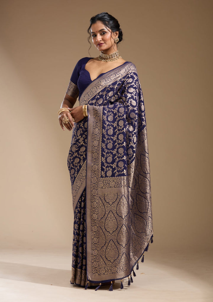Navy Blue Zariwork (Gold) Georgette Silk Saree