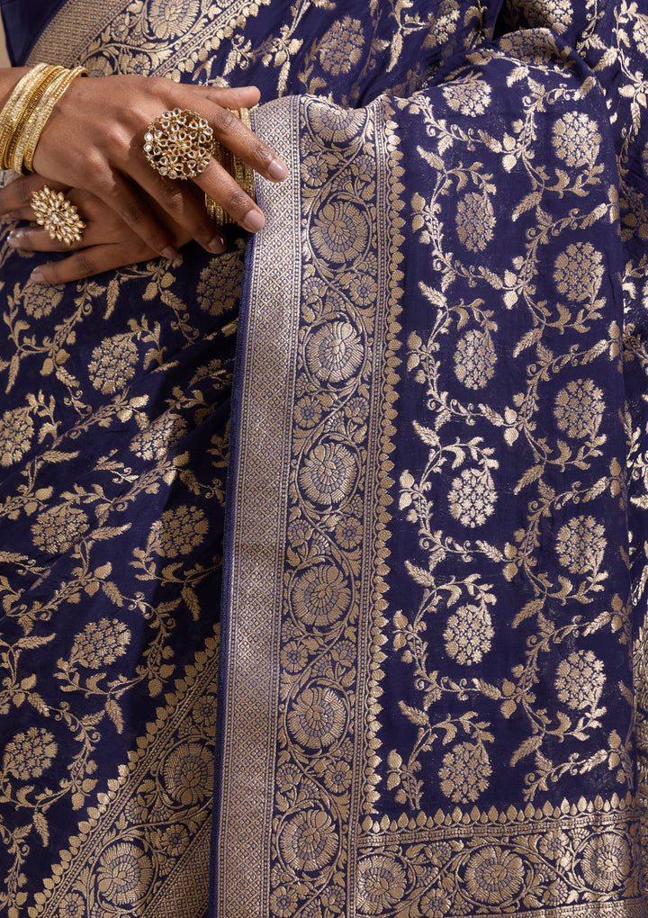 Navy Blue Zariwork (Gold) Georgette Silk Saree