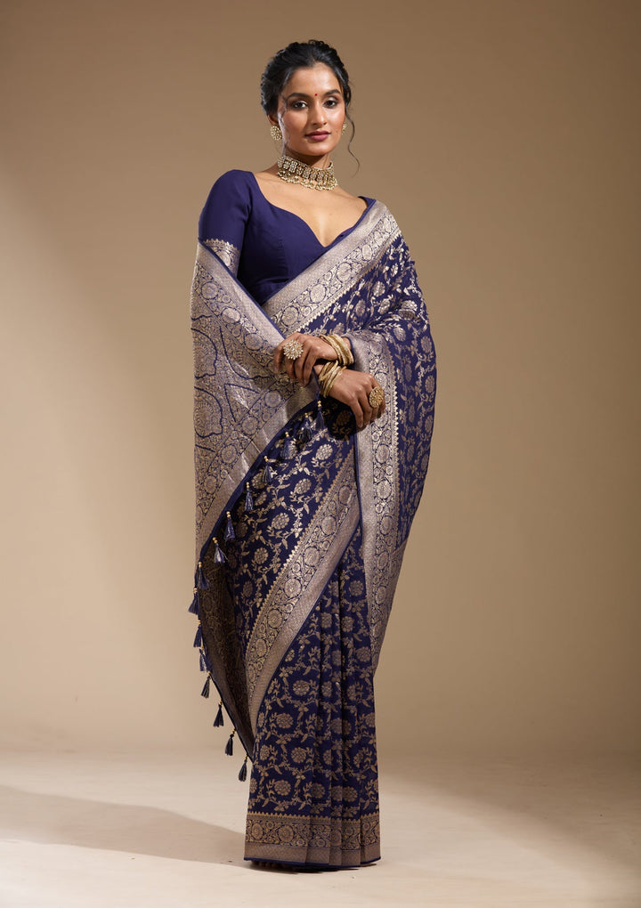 Navy Blue Zariwork (Gold) Georgette Silk Saree