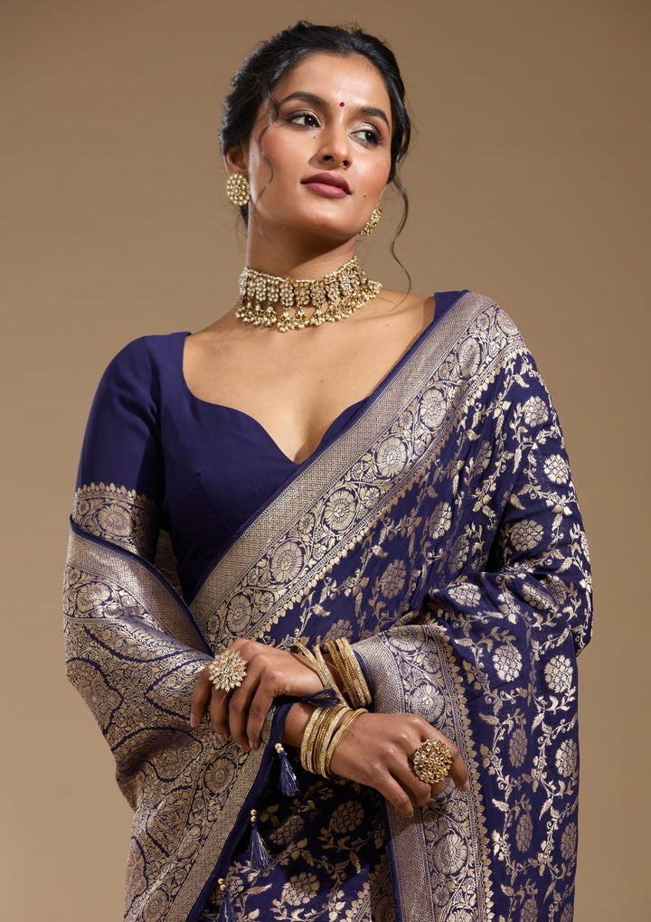 Navy Blue Zariwork (Gold) Georgette Silk Saree
