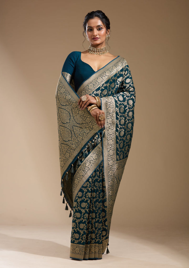 Peacock Blue Zariwork (Gold) Georgette Silk Saree