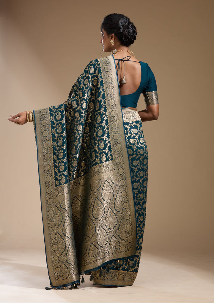Peacock Blue Zariwork (Gold) Georgette Silk Saree