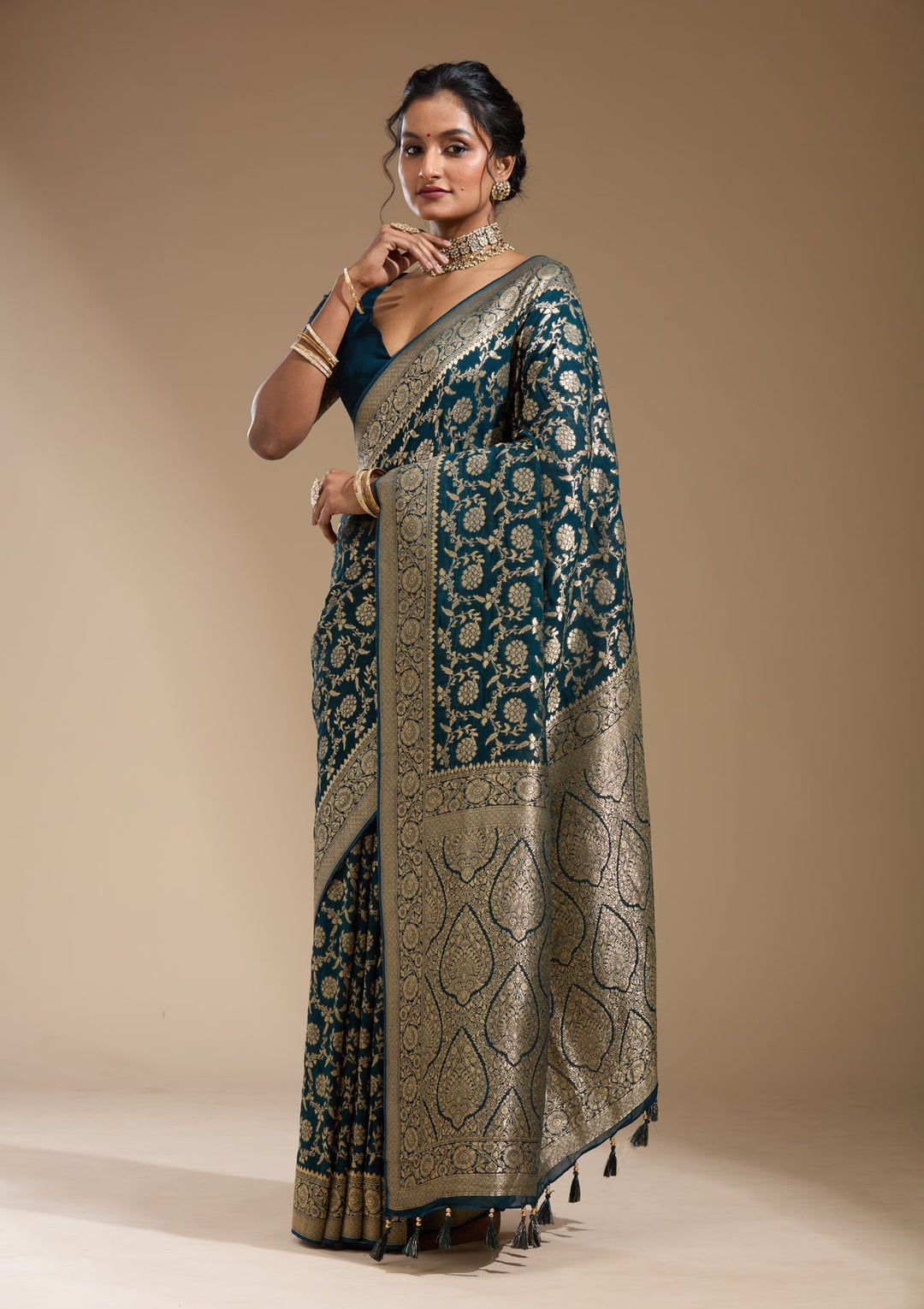 Peacock Blue Zariwork (Gold) Georgette Silk Saree