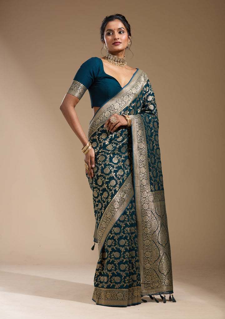 Peacock Blue Zariwork (Gold) Georgette Silk Saree
