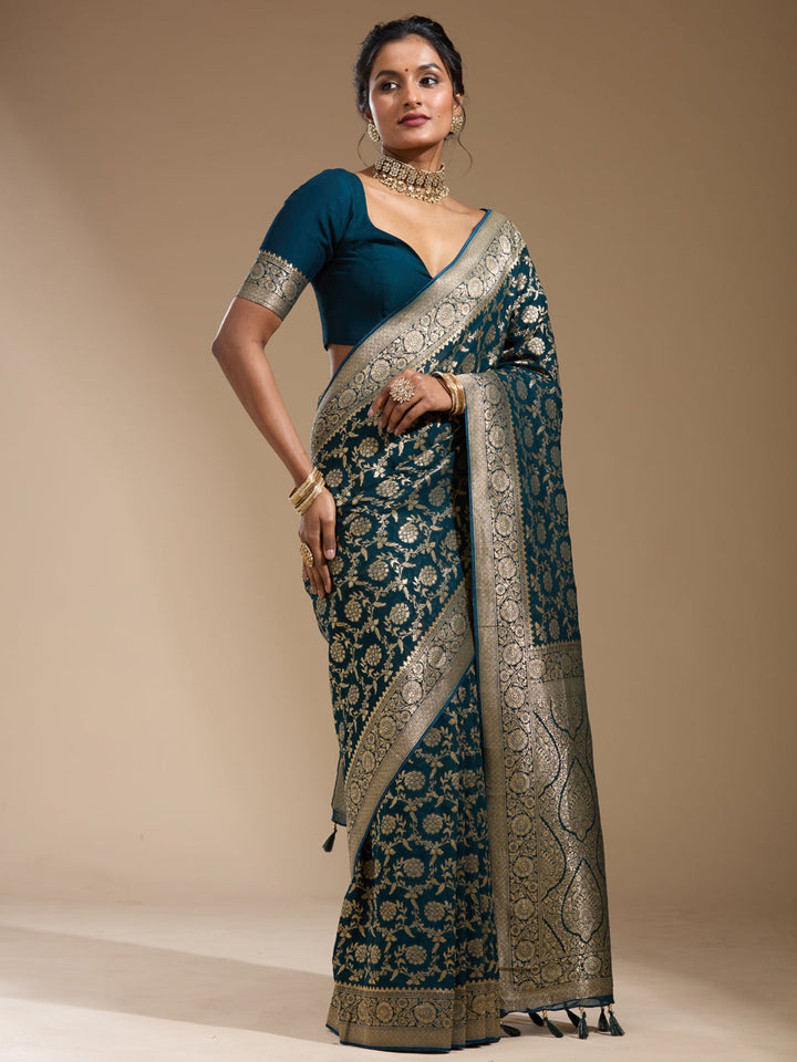 Teal Green Zariwork (Gold) Georgette Silk Saree