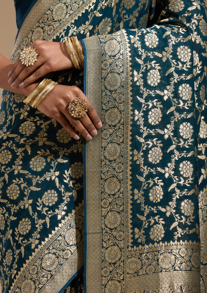 Peacock Blue Zariwork (Gold) Georgette Silk Saree